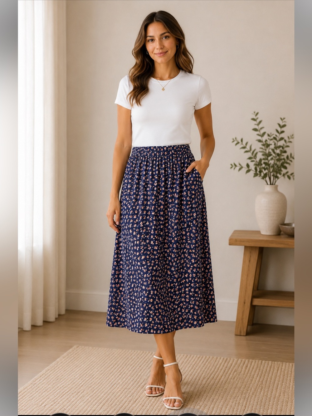 Good Luck Gem Navy Floral Midi Skirt